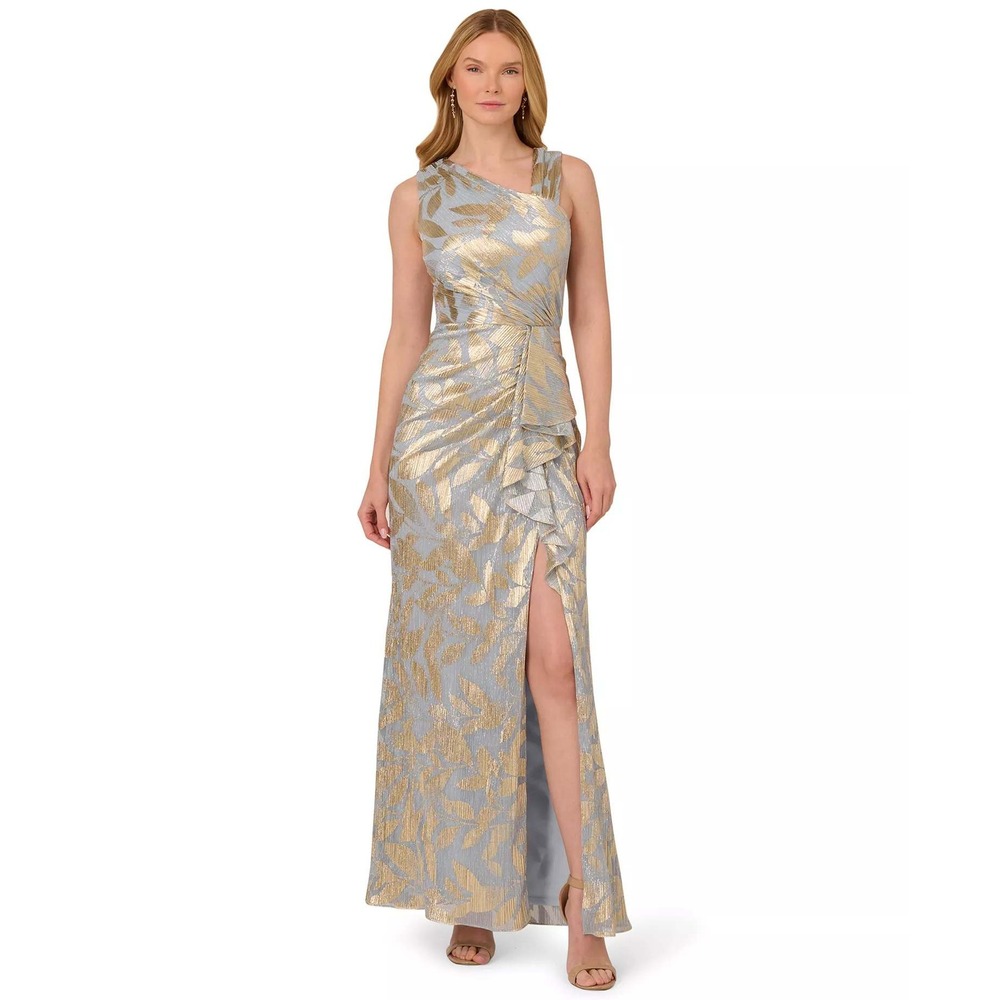 Adrianna Papell Gown Women 6 Blue Gold Metallic Floral One Shoulder Formal Event